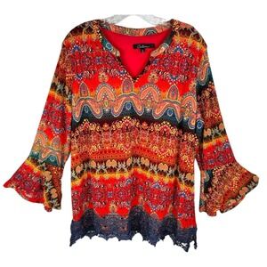 Calessa  Womens Boho Paisley Top XL Lace Hem Bell Sleeve Flowy Festival Romantic